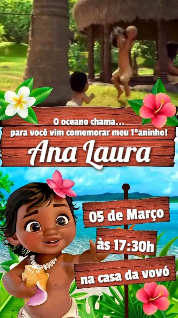 Convite Animado Aniversário Moana Baby Praia Para Editar Online