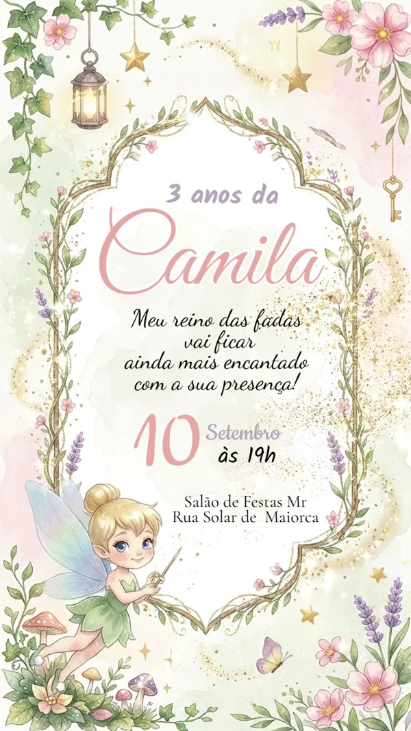 Convite Animado Aniversário Sininho Fadas Lavanda Para Editar Online