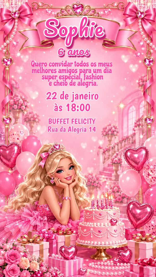 Convite Aniversário Barbie Glamour Para Editar Online