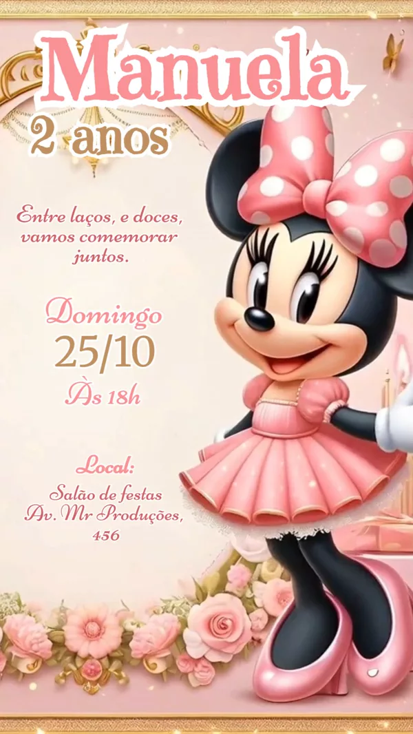 Convite Animado Aniversário Minnie Rosa Para Editar Online