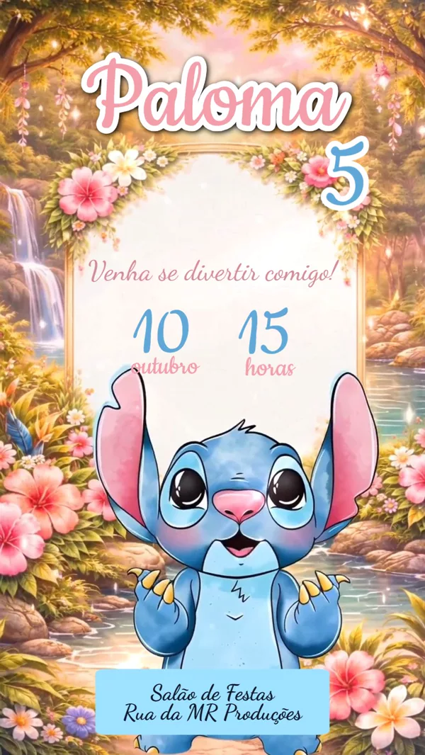 Convite Animado Aniversário Stitch Fofo Menina Para Editar Online