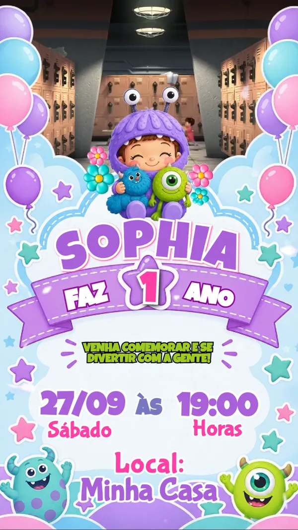 Convite Animado Aniversário Boo Monstros SA Para Editar Online