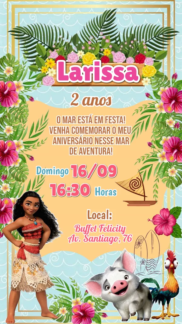 Convite Aniversário Moana Tropical Para Editar Online