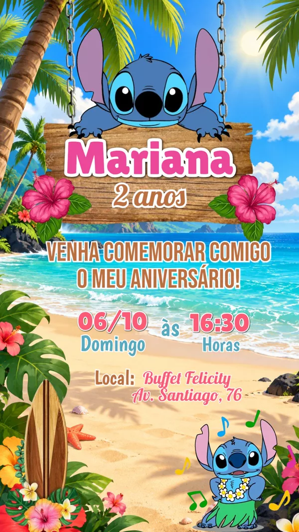 Convite Aniversário Stitch Praia Havaí Para Editar Online