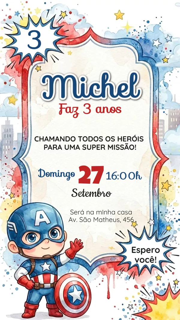 Convite Animado Aniversário Capitão América Para Editar Online