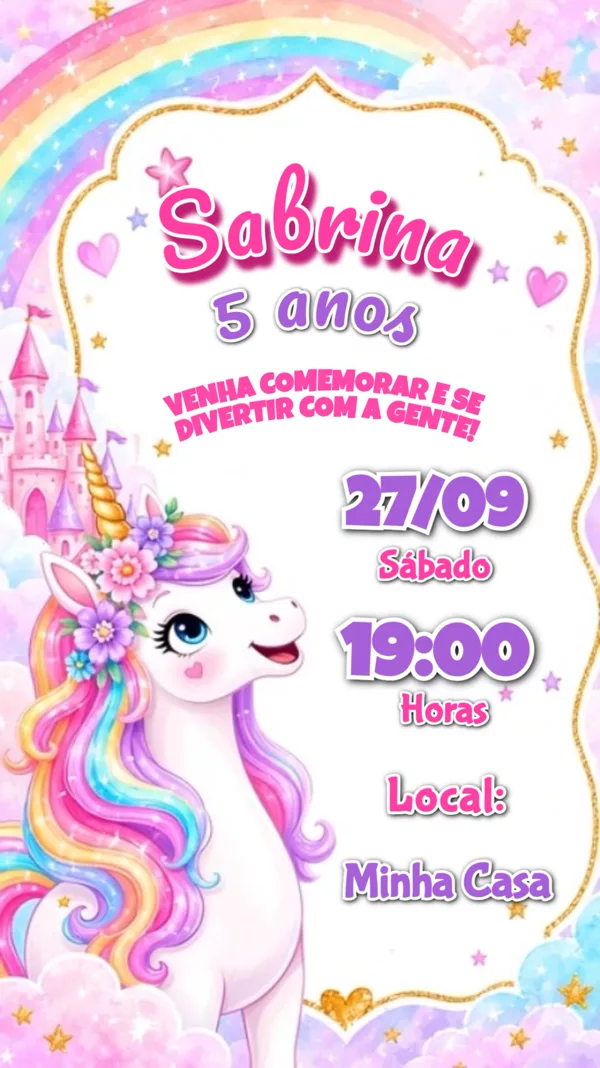Convite Animado Aniversário Unicórnio Arco-Íris Para Editar Online