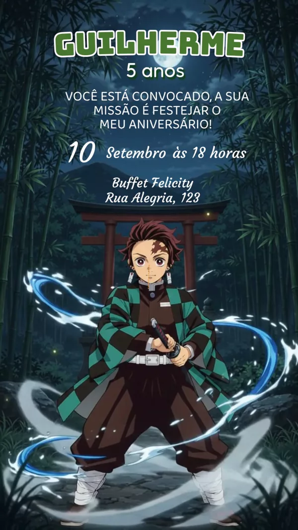 Convite Animado Aniversário Demon Slayer Tanjiro Para Editar Online