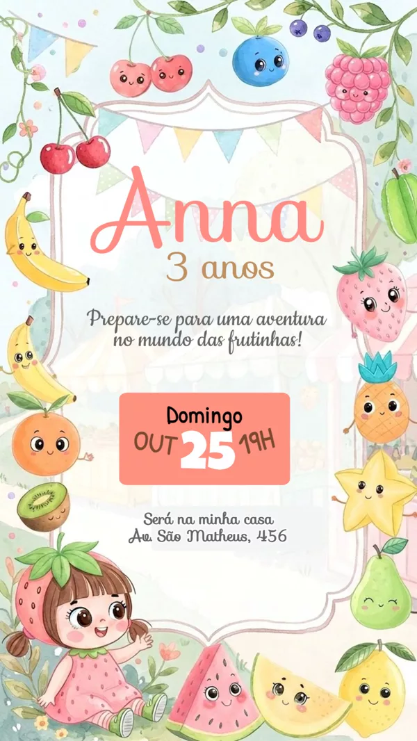 Convite Animado Aniversário Frutinhas Aquarela Para Editar Online