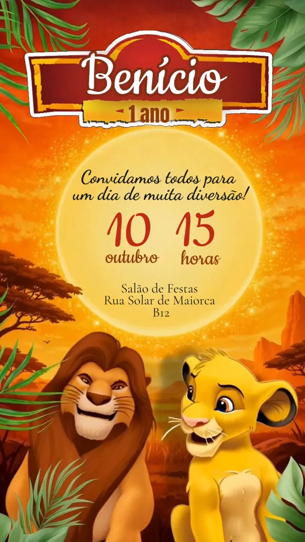 Convite Animado Aniversário Rei Leão Savana Para Editar Online