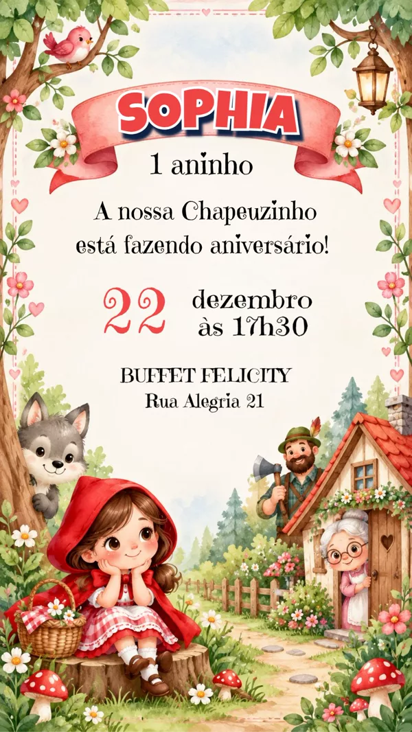 Convite Aniversário Chapeuzinho Vermelho Para Editar Online