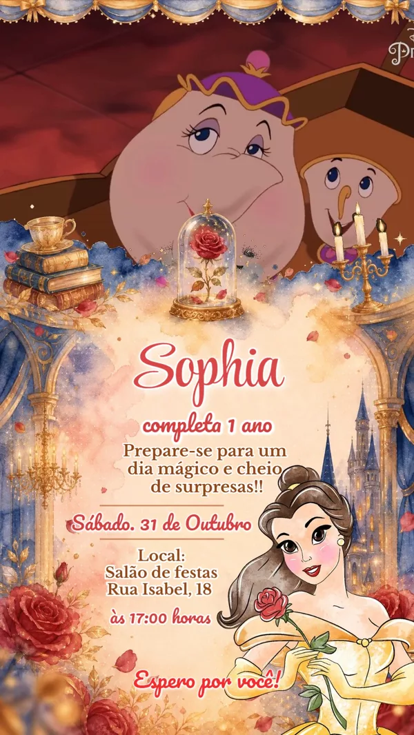 Convite Animado Aniversário Bela a Fera Castelo Para Editar Online