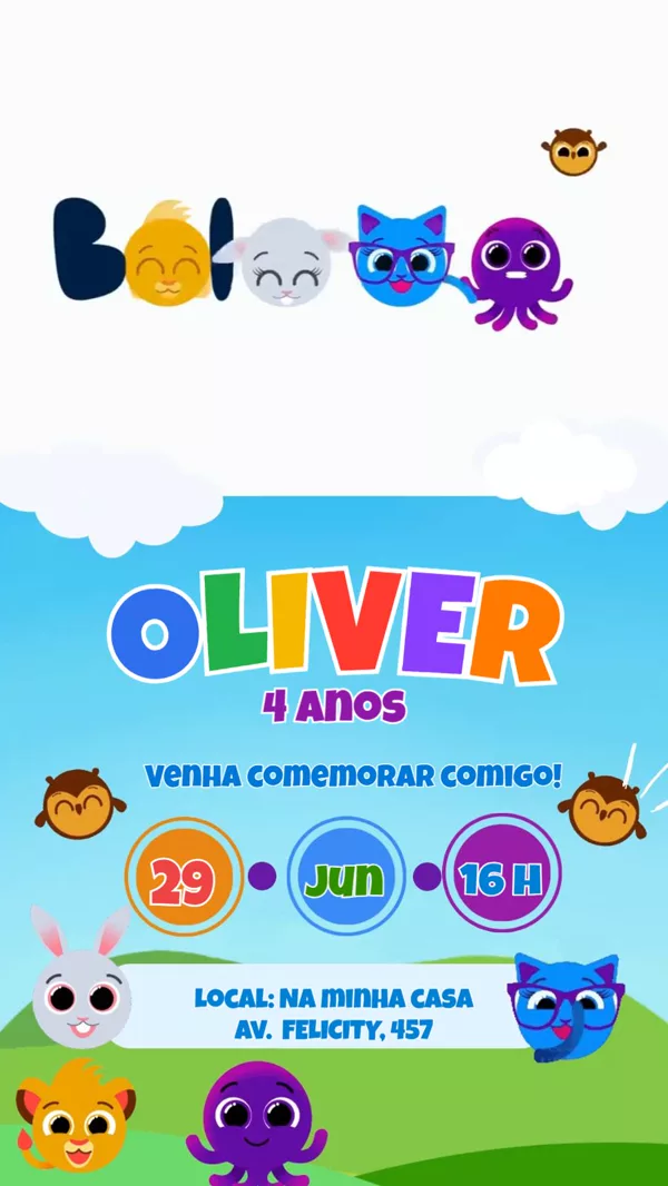 Convite Animado Aniversário Bolofofos Para Editar Online