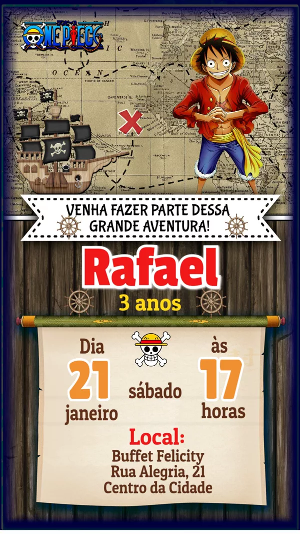 Convite Aniversário One Piece Anime Para Editar Online