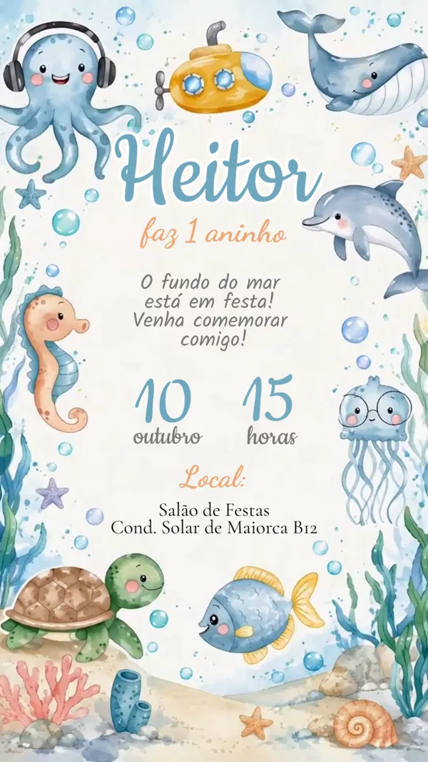 Convite Animado Aniversário Fundo do Mar Para Editar Online