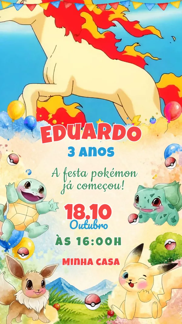 Convite Animado Aniversário Pokémon Aquarela Para Editar Online