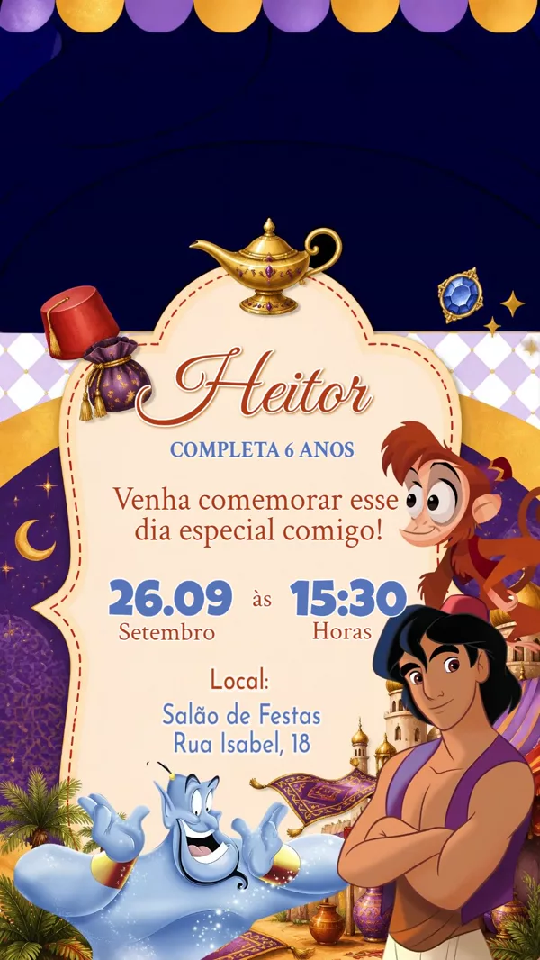 Convite Animado Aniversário Aladdin e Gênio Para Editar Online