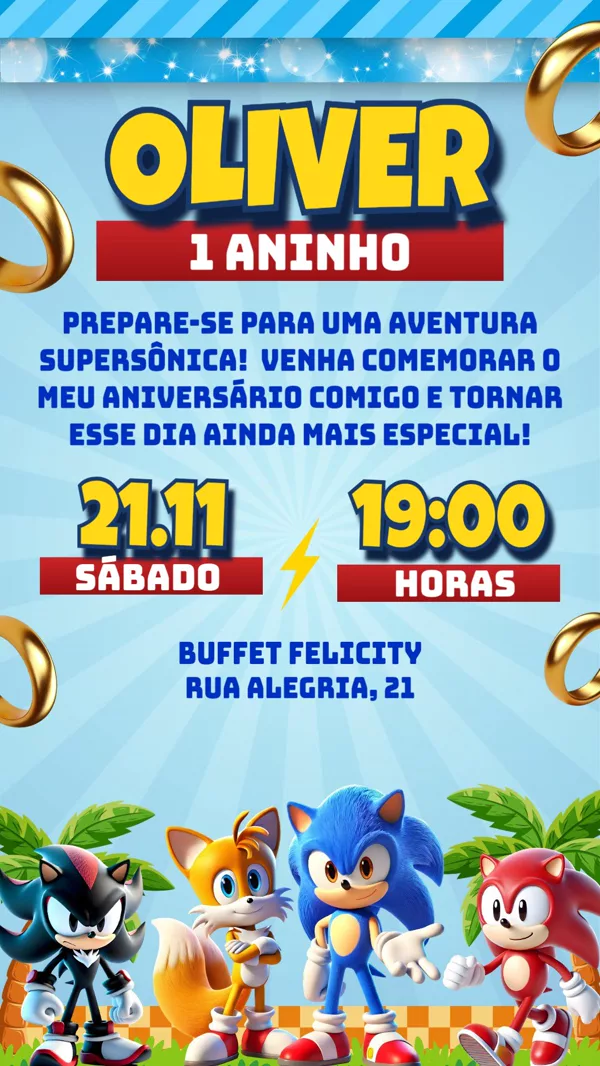 Convite Aniversário Sonic 3D Para Editar Online