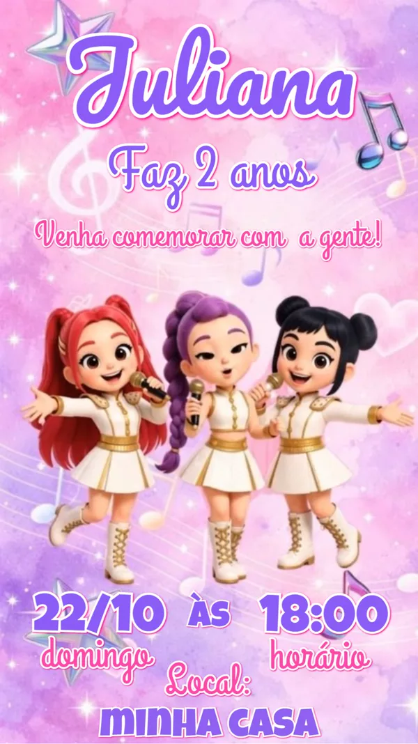 Convite Animado Aniversário Guerreiras K-pop Roxo Para Editar Online