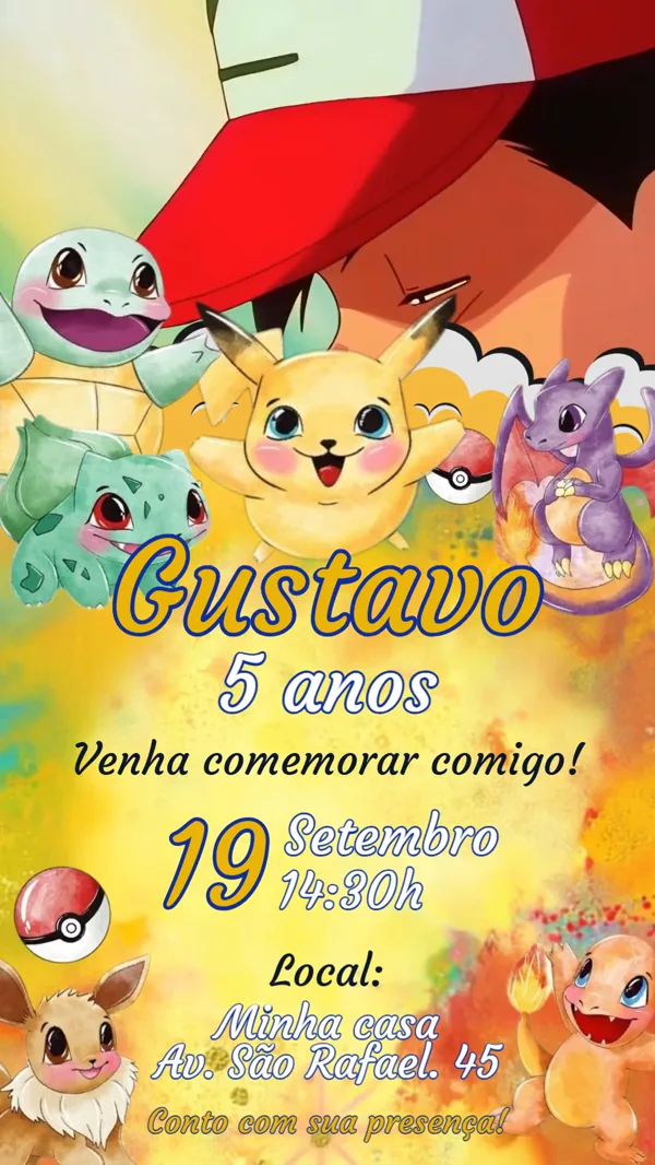 Convite Animado Aniversário Pokémon Pikachu Para Editar Online