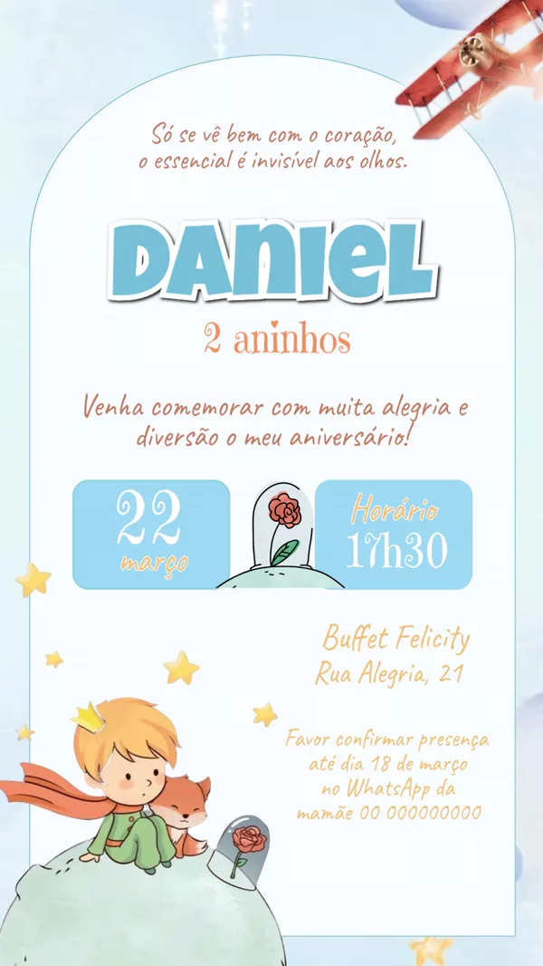 Convite Aniversário Pequeno Príncipe Avião Para Editar Online