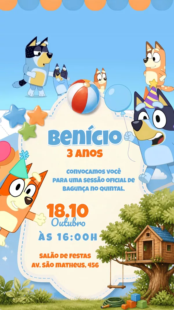 Convite Animado Aniversário Bluey Infantil Para Editar Online
