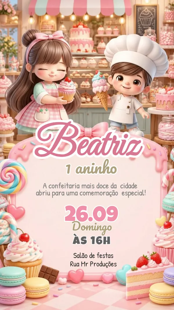 Convite Animado Aniversário Confeitaria Doces Rosa Para Editar Online