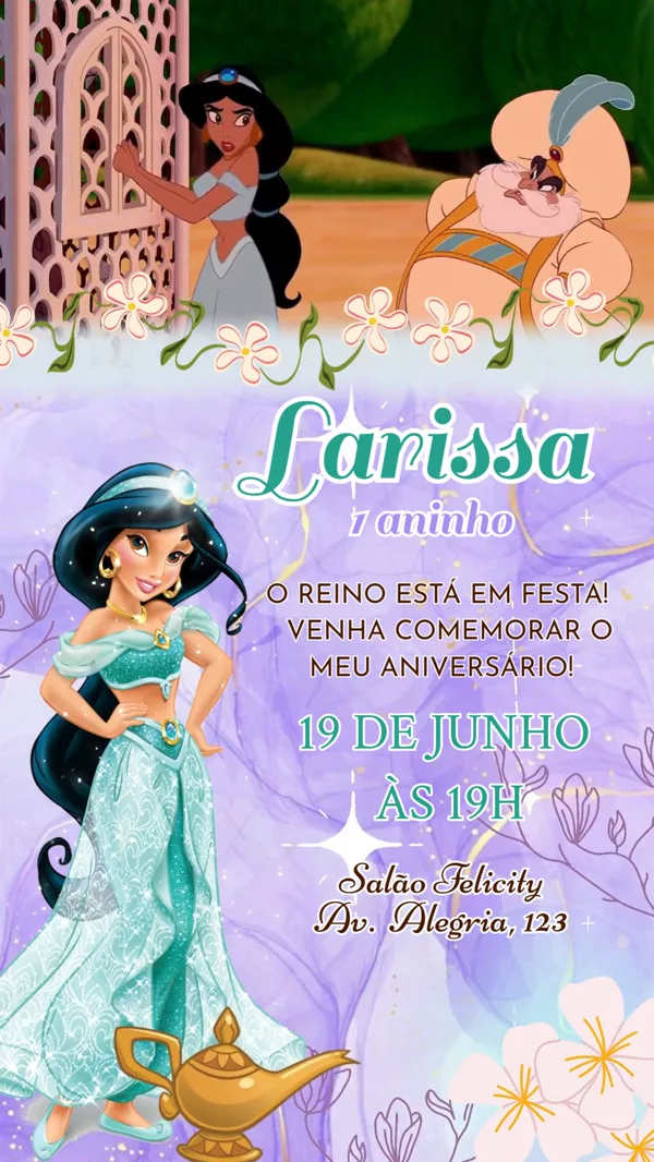 Convite Animado Aniversário Jasmine Lâmpada Mágica Para Editar Online