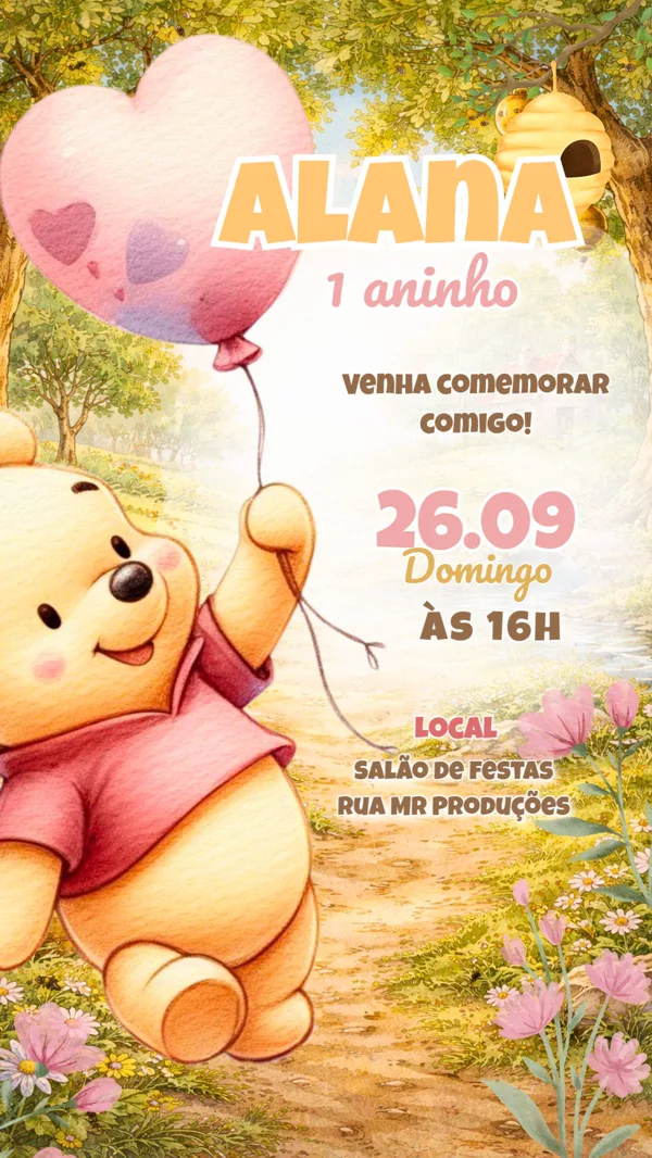Convite Aniversário Ursinho Pooh Coração Para Editar Online