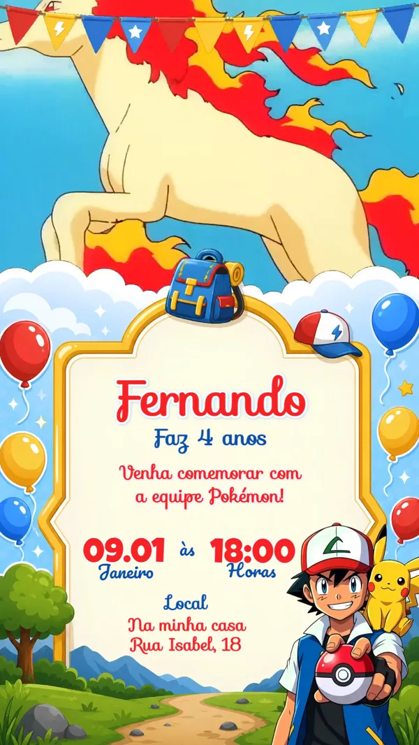Convite Animado Aniversário Pokémon Ash e Para Editar Online