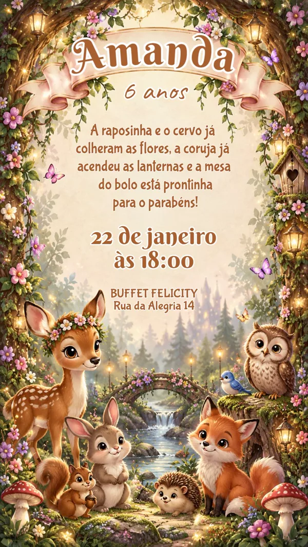Convite Aniversário Bosque Encantado Animais Para Editar Online