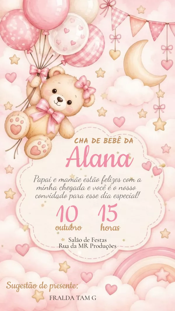 Convite Animado Chá de Bebê Ursinho Rosa Para Editar Online