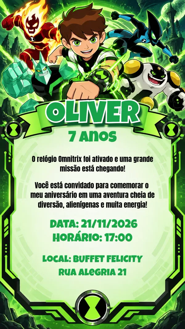 Convite Aniversário Ben 10 Infantil Para Editar Online