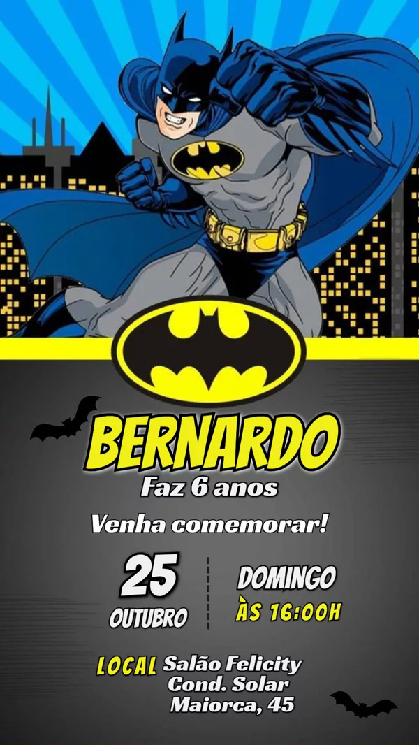 Convite Aniversário Batman Cidade Para Editar Online