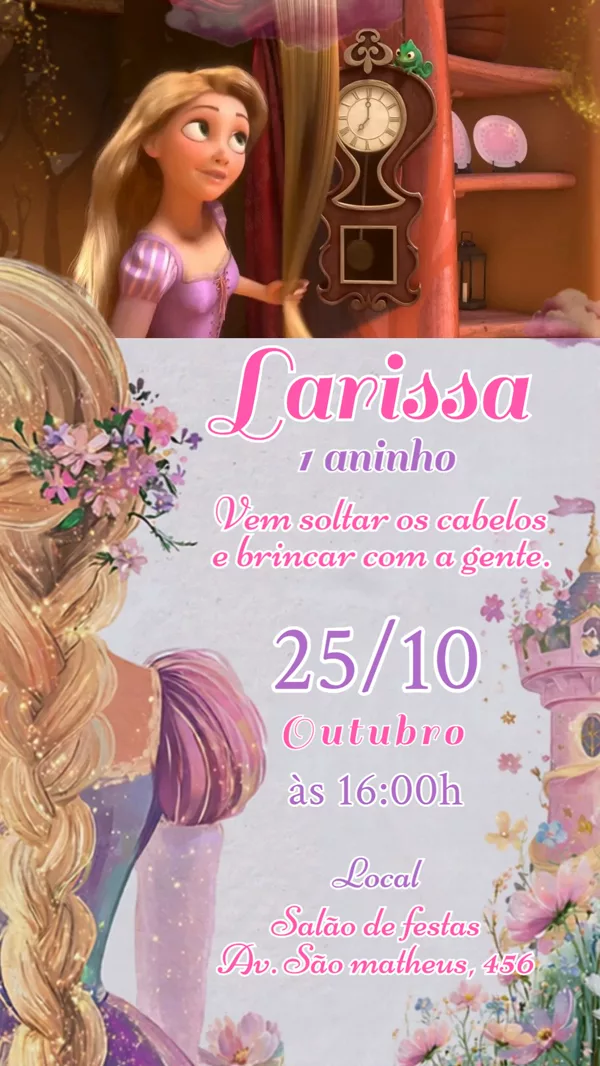 Convite Animado Aniversário Rapunzel Para Editar Online