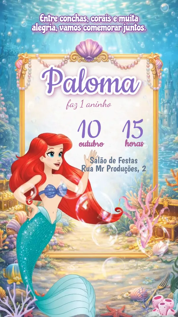 Convite Animado Aniversário Pequena Sereia Tesouro Para Editar Online