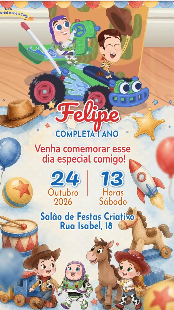Convite Animado Aniversário Toy Story Aquarela Para Editar Online