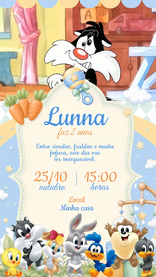 Convite Animado Aniversário Baby Looney Tunes Para Editar Online
