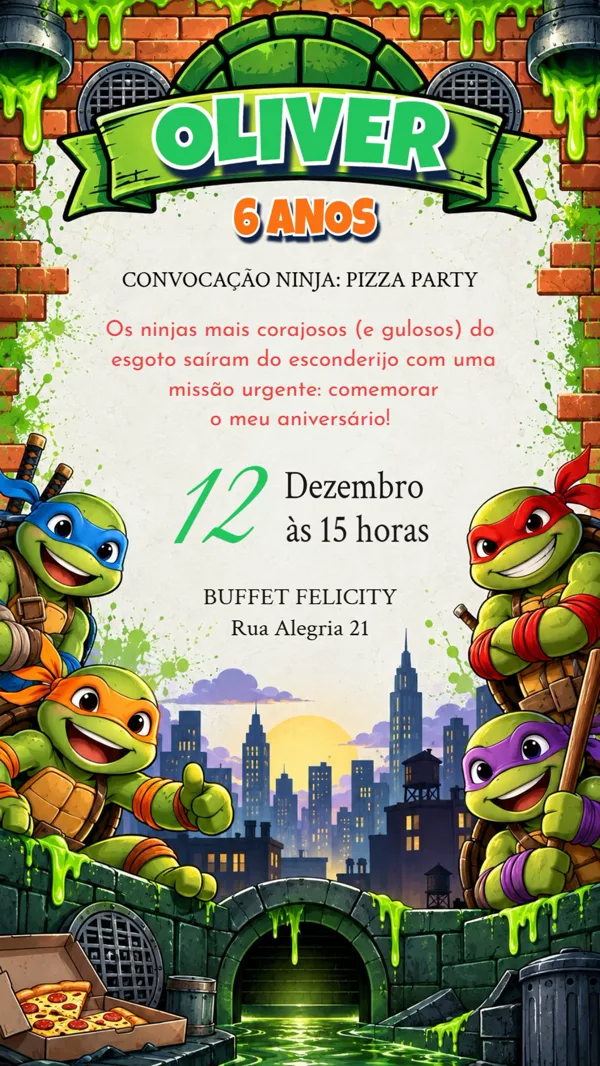 Convite Aniversário Tartarugas Ninjas Para Editar Online