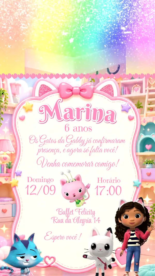 Convite Animado Aniversário Casa Mágica Gabby Para Editar Online
