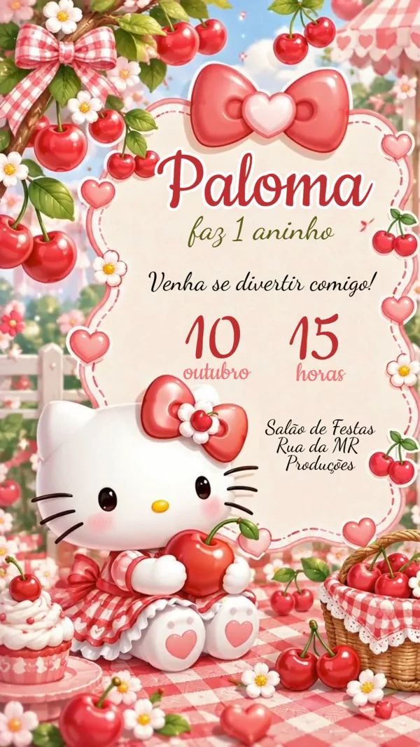 Convite Animado Aniversário Hello Kitty Cerejinha Para Editar Online