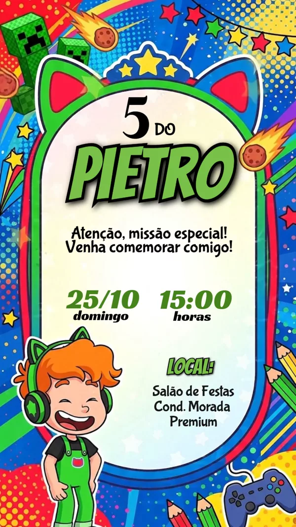 Convite Animado Aniversário Minecraft Gamer Menino Para Editar Online
