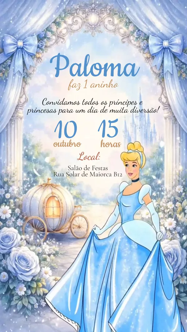 Convite Animado Aniversário Cinderela Azul Para Editar Online