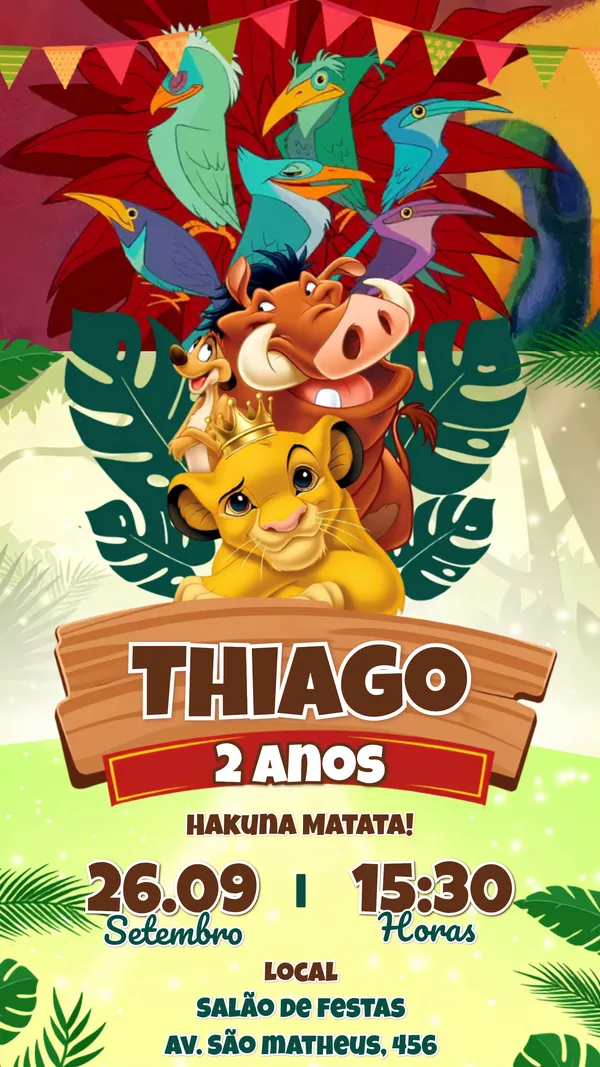 Convite Animado Aniversário Rei Leão Savana Para Editar Online