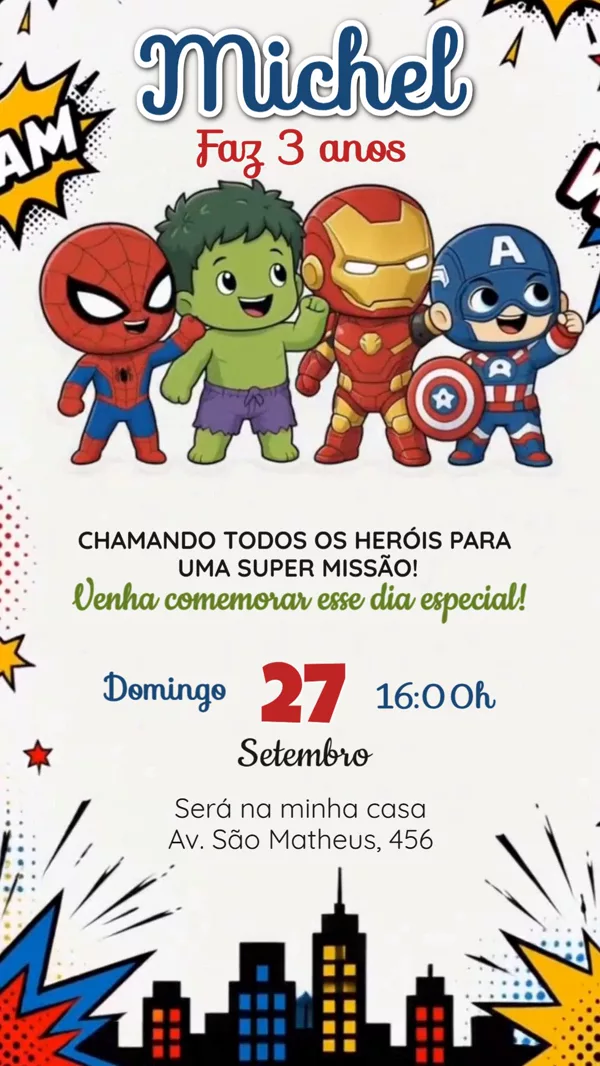 Convite Animado Aniversário Vingadores Marvel Para Editar Online