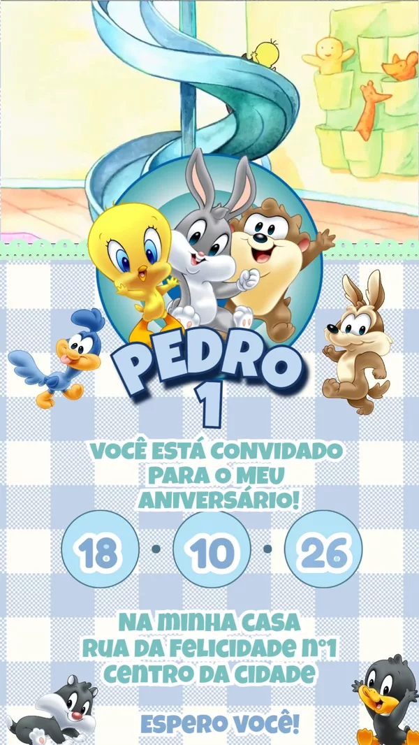 Convite Animado Aniversário Baby Looney Tunes Para Editar Online