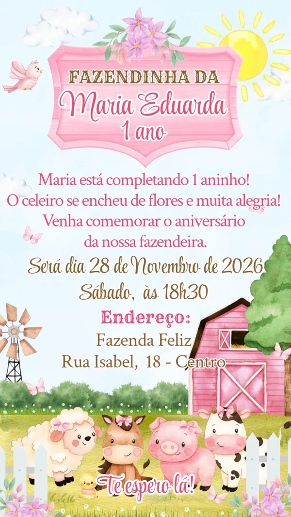 Convite Aniversário Fazendinha Rosa Para Editar Online