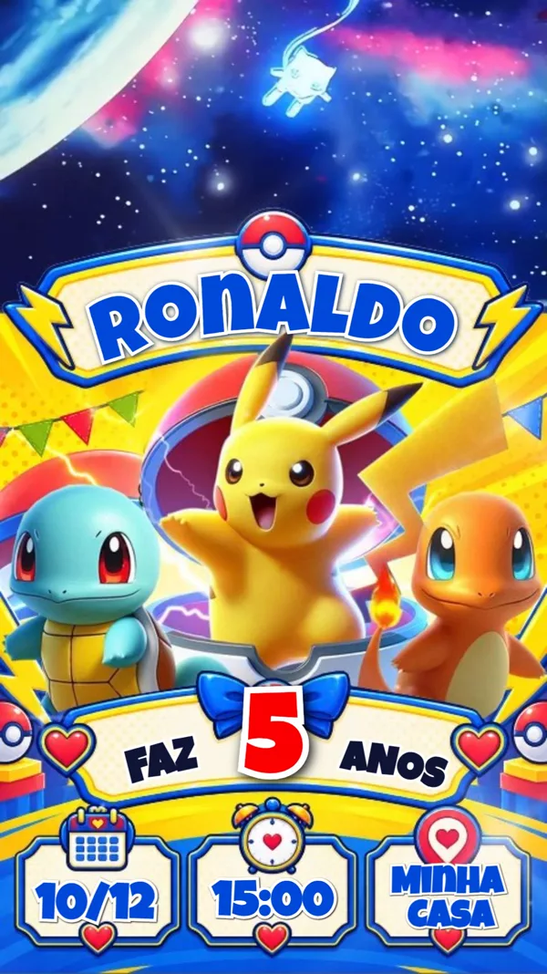 Convite Animado Aniversário Pokémon Pikachu Azul Para Editar Online