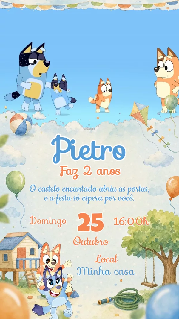 Convite Animado Aniversário Bluey Jardim Para Editar Online