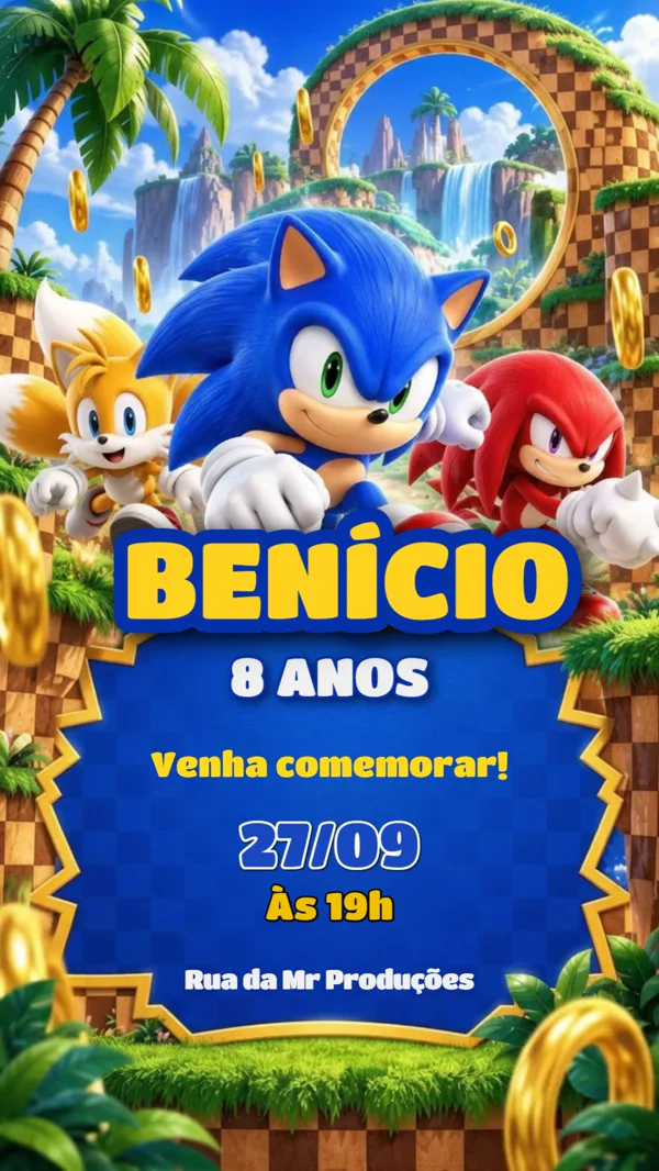 Convite Animado Aniversário Sonic Anel Dourado Para Editar Online