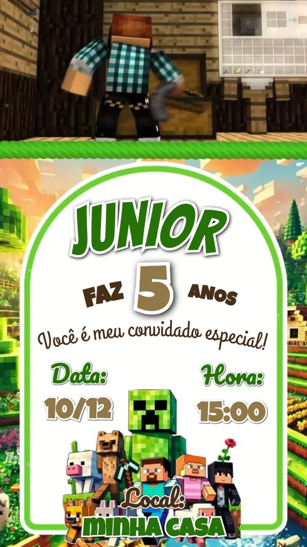 Convite Animado Aniversário Minecraft Creeper Para Editar Online